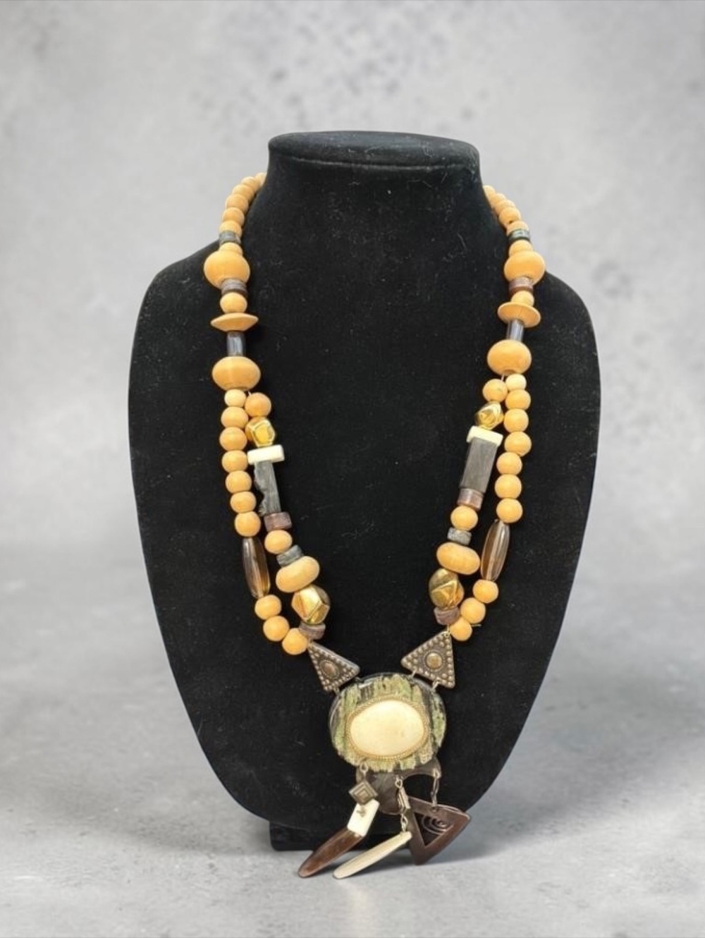 Boho 1970s Earthy Beaded Necklace with Natural Stone Pendant and Mixed Charms